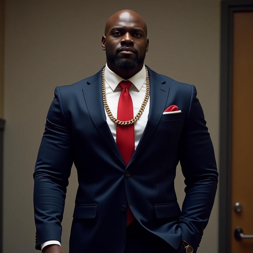 A tall black muscular man wearing a navy blue suit with a royal red tie and a gold chain around his neck.