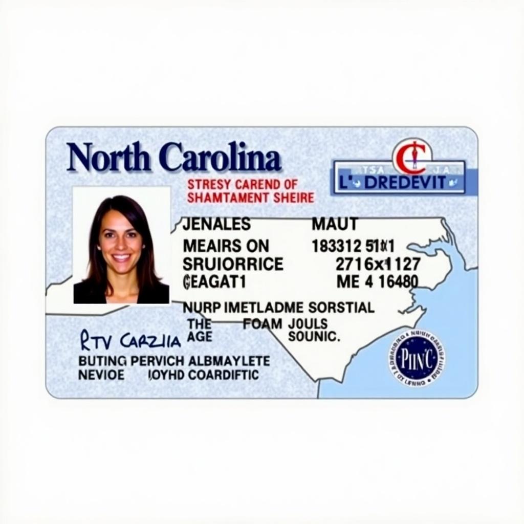 Image displays a North Carolina license card showing personal information. The card includes a clear headshot and details like age and date of birth. It features a map background emphasizing North Carolina's identity. Design uses blue, white, and red colors making it look official. Card serves identity verification purposes and reflects standard government layouts.