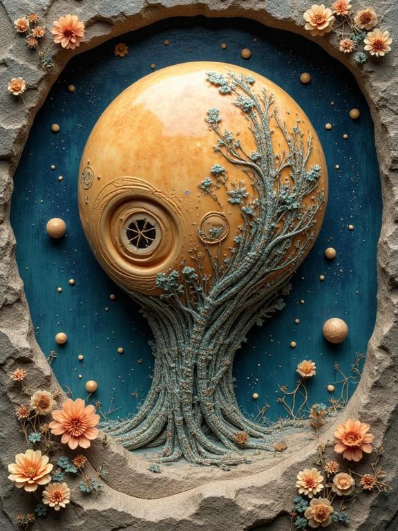 A scrimshaw carving depicts an alien planet with a unique tree structure and floral accents on a vibrant blue background.