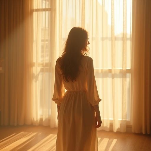 Radiant woman standing in a sunlit room. Captures the essence of natural beauty and tranquility.