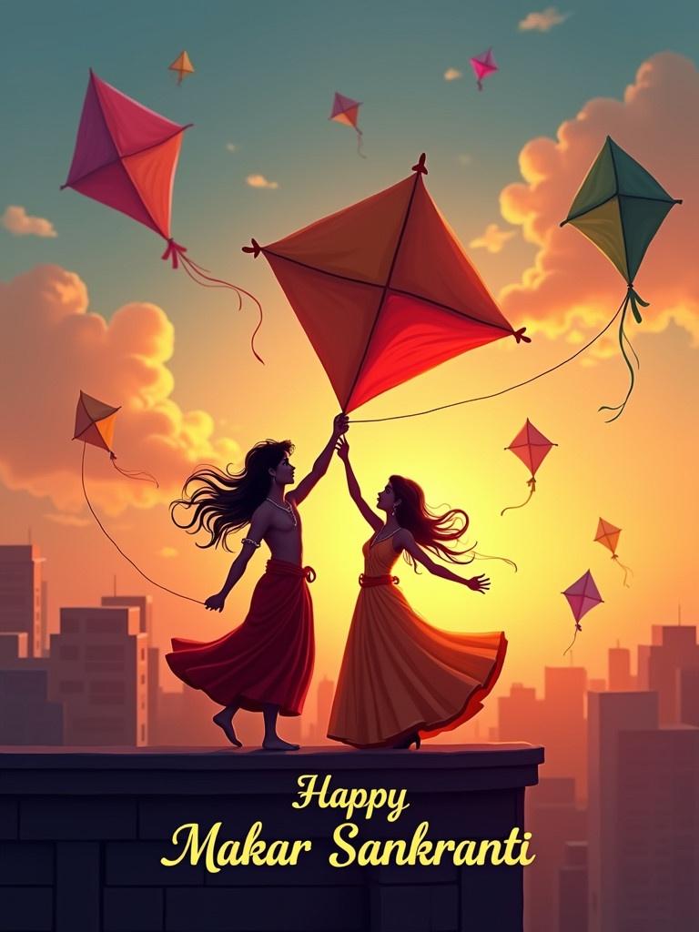 Two figures celebrate Makar Sankranti on a rooftop. They hold a large colorful kite. The sunset sky is filled with kites. Friends and family celebrate below them with laughter. Elegant script reads 'Happy Makar Sankranti'.