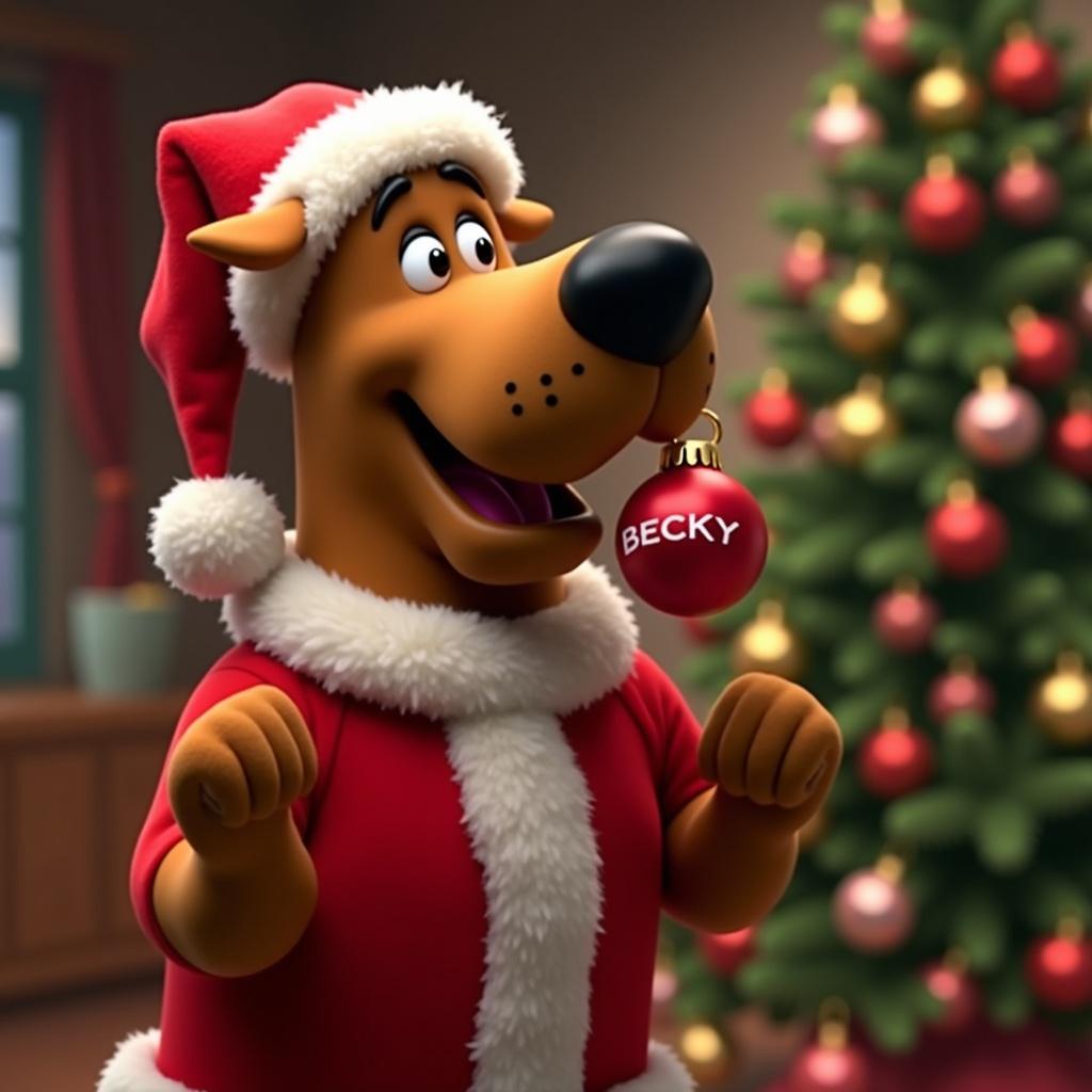 Scooby Doo is wearing a Santa outfit. Scooby is holding a red ornament with the name Becky. Background contains a Christmas tree decorated with ornaments.