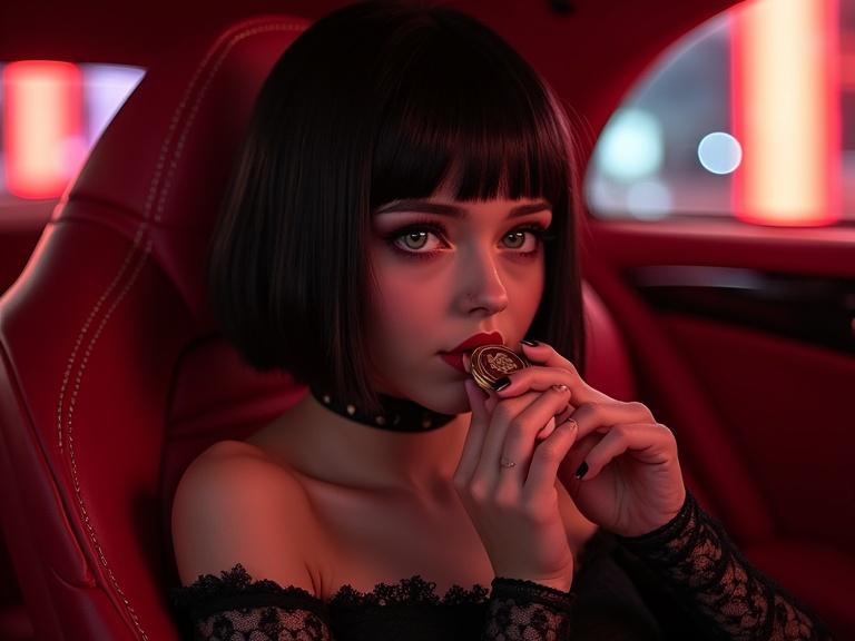 Rich gothic girl with short hair sits in a red luxurious car. Dark cyber style evident in surroundings. She kisses a coin, wearing a unique head accessory.