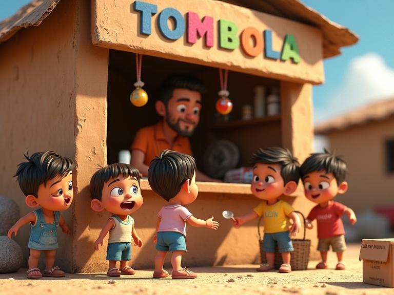 Image shows a tombola opening with children around it. Counter window open with sign reading 'TOMBOLA.' Two adults serve from behind the counter. Children excitedly interact with the booth. Ground shows footprints and a box of surprise packages. Warm sunlight lights the scene.