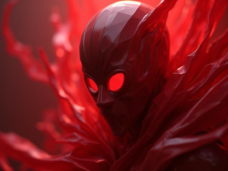3D representation of a character with a porcelain mask. Glowing red eyes. Surrounded by blood-red strings. Elegant design elements. Photorealistic lighting with a dramatic vignette. Artistic influences from notable artists.