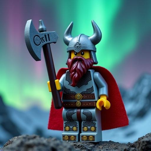 Heroic LEGO Viking minifigure stands on rocky terrain. Silver molded horned helmet and long dark red braided beard. Light grey torso with brown leather strap prints. Silver arms and legs shine with fur details. Red fabric cape flows behind. Holds a large silver and brown battle axe. Background features a vibrant green and purple aurora borealis and snowy mountains. Captured in cinematic macro photography style.