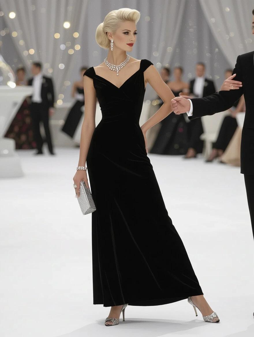 Side view of a woman in a long black evening gown with platinum blonde updo hairstyle. She wears diamond jewelry and high heels. She holds a silver clutch and the arm of a man. The ballroom setting is highlighted by soft lighting to capture mid-century sophistication.