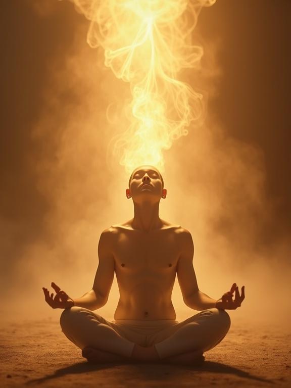 A serene figure meditates with soft golden light flowing outward, forming luminous patterns. Peaceful and spiritual atmosphere with ethereal glow and pastel colors.