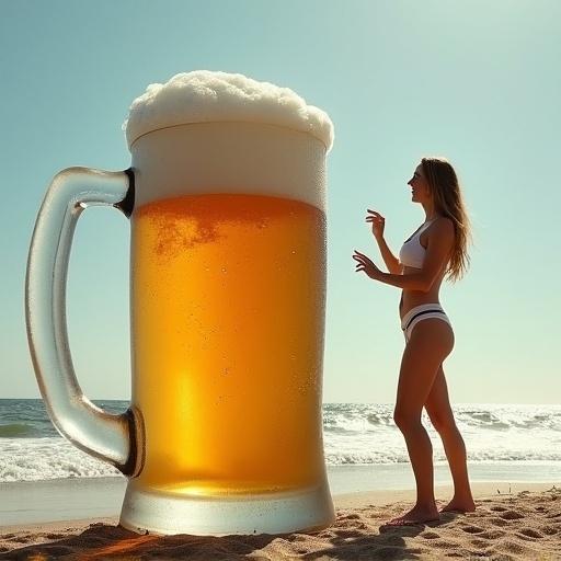 A large beer mug on the beach next to a woman. The woman seems surprised by the mug's size. She is pointing at it. Bright sunny day.