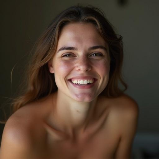 A woman with a joyful expression. Natural lighting enhances her beauty. Focus on the smile and positive energy. Suggests wellness and happiness.