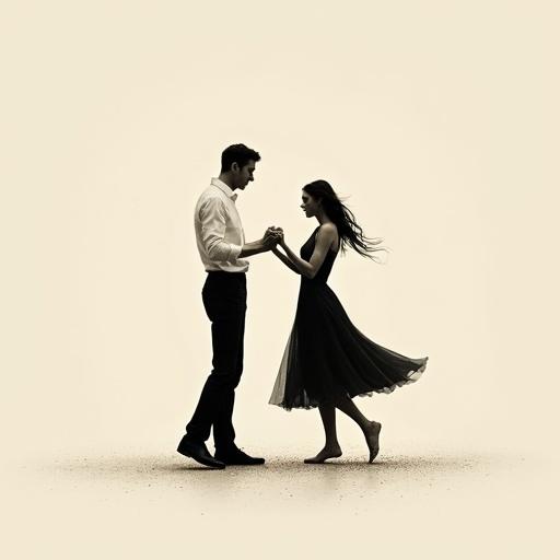 Balanced human figures in a dance pose. Couple in a moment of connection. Dreamlike minimalist art. Surrealistic style with abstract forms. Digital painting with textured brushwork.
