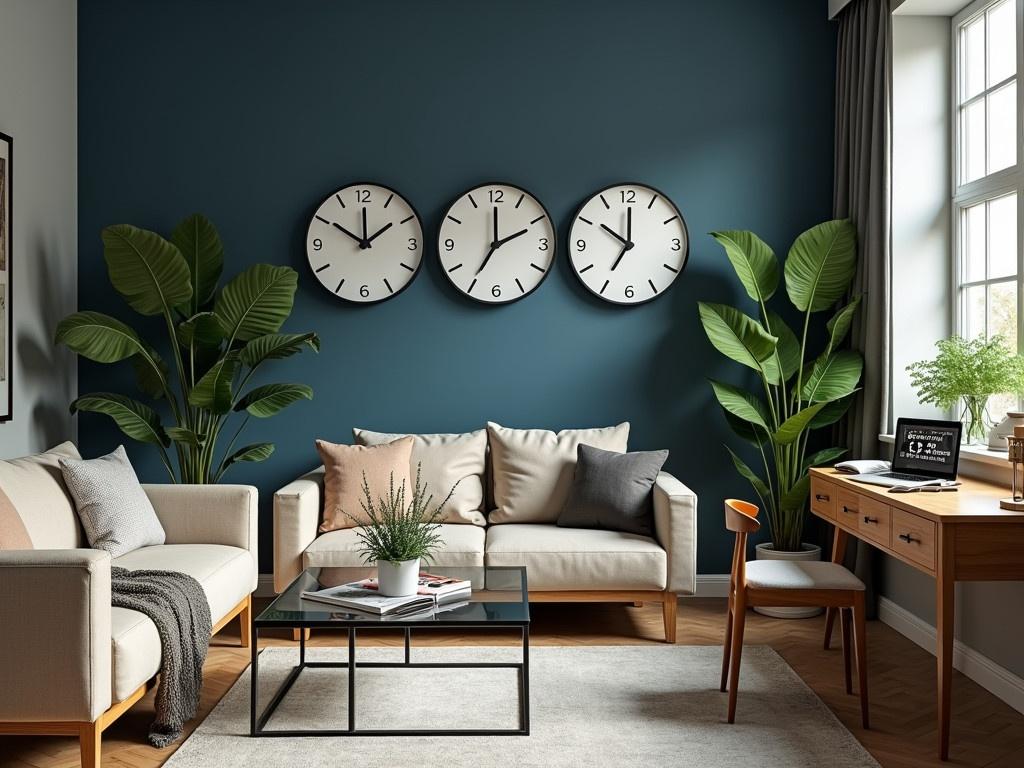 The image depicts a stylish, modern living room with a relaxing ambiance. On the left side, there's a comfortable beige couch adorned with decorative cushions and throws. A sleek glass coffee table sits in front of the couch, holding a few magazines and a small potted plant. To the right, there is a workspace featuring a wooden desk, where a digital clock displays the time prominently. On the wall, three clocks indicate different time zones for New York, London, and Tokyo. The walls are painted in a deep blue color, creating a warm and inviting atmosphere. Several plants are tastefully arranged around the room, increasing the sense of freshness and tranquility.