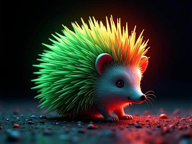 3D hedgehog in neon green and orange against a dark background. High-contrast abstract style with vibrant colors.
