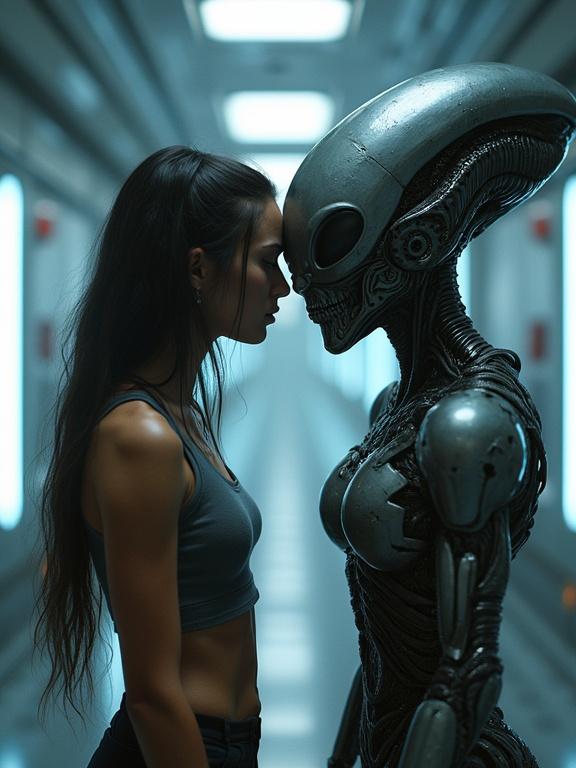 A scene depicting an alien and a girl in close proximity. Sci-fi corridor with glowy ambient lights. Girl in crop top with facial expression of surprise. Alien has intricate armor and tentacles. Metal surfaces reflect ambient light. Fog trails in the corridor.