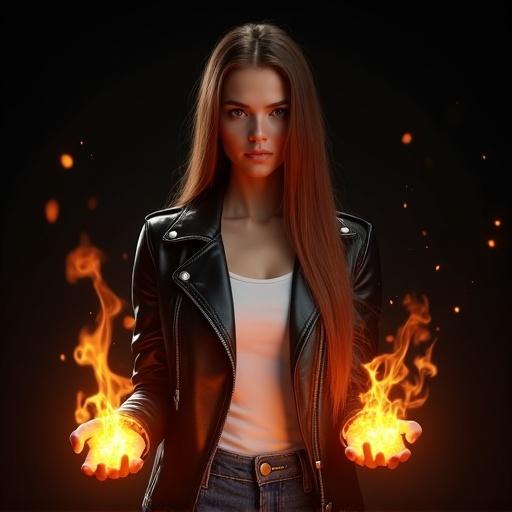 Young woman with tan skin and long dark brownish red hair wears a black leather jacket and blue jeans. She has glowing orange irises and flames forming in her hands. Dark background with smoke and embers. High-definition visual effects.