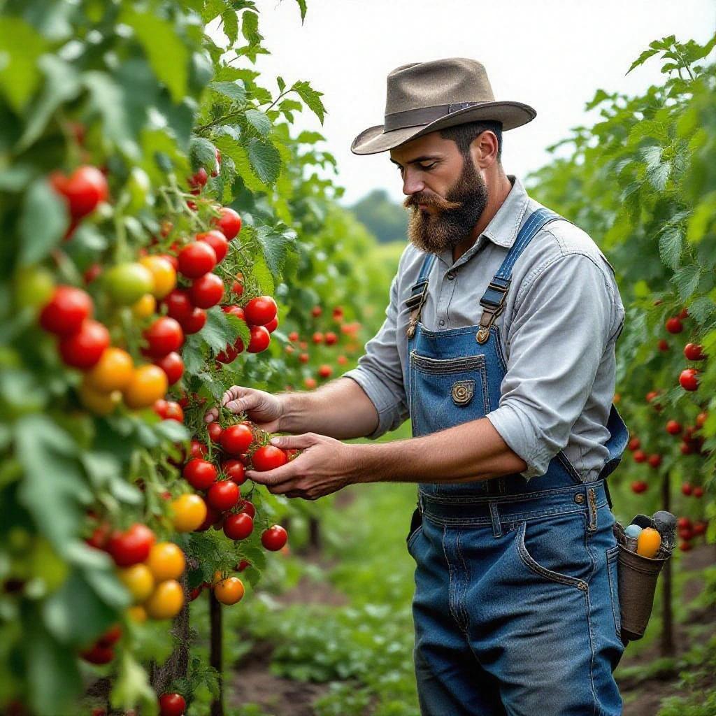 Image of a farmer tending to a tomato plantation with various types of tomatoes. The farmer is wearing overalls and a hat. Focus on the vibrant colors of the tomatoes.