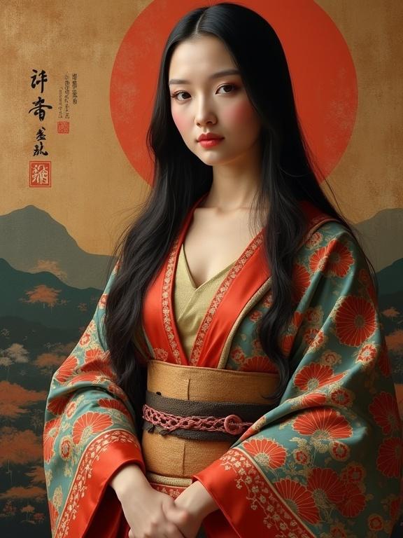 Image of a woman resembling Mona Lisa depicted wearing a traditional Japanese kimono. Background features mountainous scenery and a large red sun.