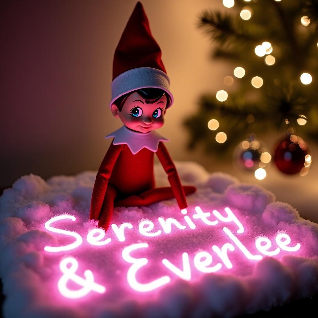 Elf character wearing red and white outfit sits on a snowy surface. Names 'Serenity' and 'Everlee' glowing pink in cursive with magical lights. Soft blurred Christmas tree in background.