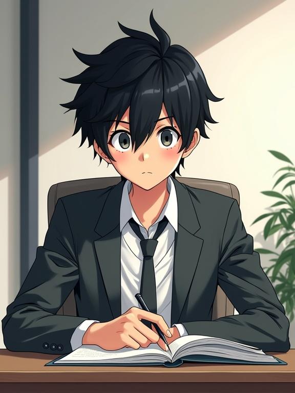 Illustration of a cute young man with black hair sitting behind a desk as a psychologist. He appears aloof while writing in a notebook. A dynamic angle showcases the scene, highlighting his expression.