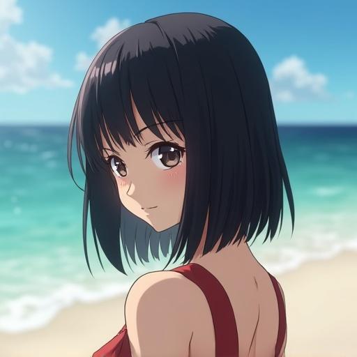Japanese girl at beach with dark bob hair. She features front lighting. Scene depicts sunny atmosphere with beach background. Expresses slight anger.