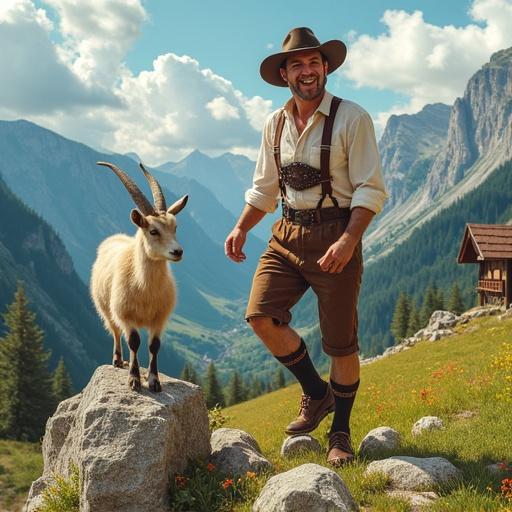 A joyous man in lederhosen smiles while singing on a rocky outcrop. A curious goat looks on from above. A vibrant mountain landscape surrounds the scene. The image includes a picturesque cabin, lush greenery, and colorful wildflowers, in a style reminiscent of classical art.