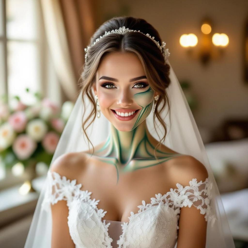 A bride wearing a beautiful dress smiles warmly. The setting is elegant with soft lighting. The bridal attire features intricate details. The expression is flirty and sultry. Green patterns are visible on the neck area.