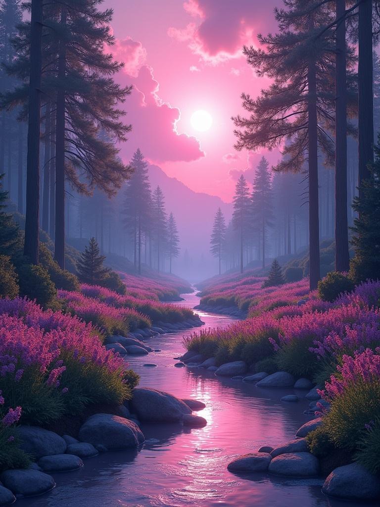 A beautiful landscape with a stream in a forest. Flowers bloom in pink and purple colors. Tall trees reach for the sky. The sunset casts pink and purple light on the scene.