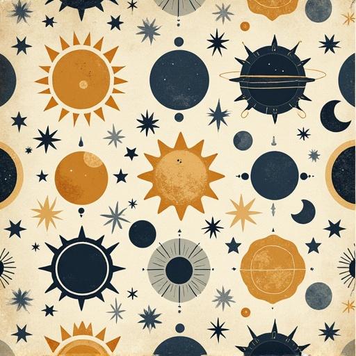 Seamless repeatable pattern consisting of stylized suns moons stars and planets. Inspired by vintage astronomy charts. Arranged in a square grid that tiles perfectly. Color palette includes antique gold navy blue and soft gray. Contains a slightly distressed texture. Transparent background in a classic celestial poster style.