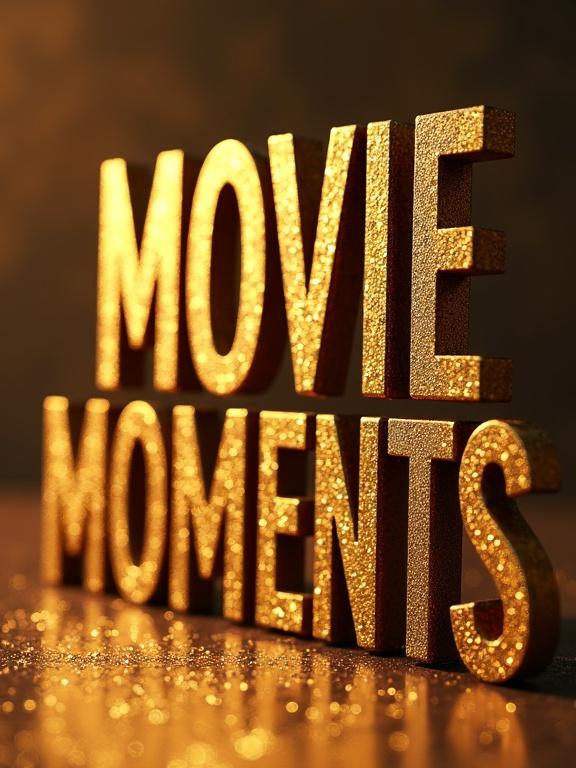 3D golden words MOVIE MOMENTS. Ornate design with sparkling background. Luxurious effect focusing on intricate details. Letters on flat surface.