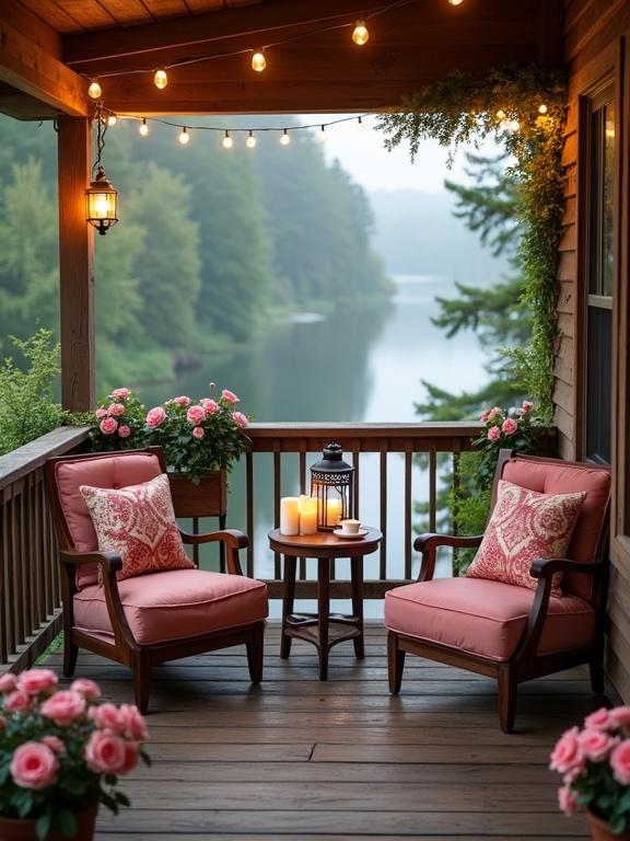 Lakeside porch with two cozy armchairs and a round wooden table. Soft pink cushions and flowers enhance a romantic atmosphere. Gentle lighting with string lights and a lantern. Lush greenery surrounds a serene lake view.