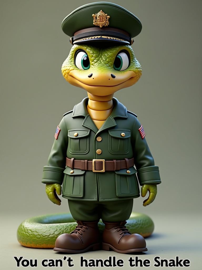 3D Disney-style snake character in American military uniform with a playful expression. Text displayed below the character saying You can't handle the Snake.