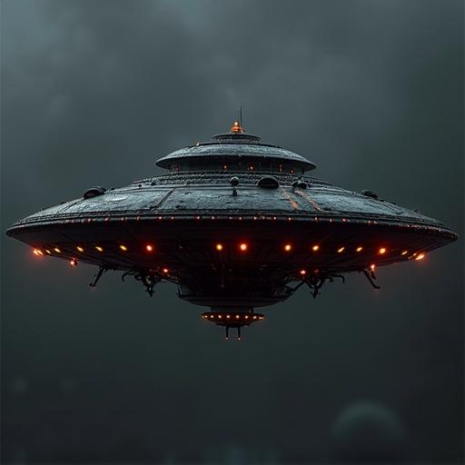 Unique original design of a 3D UFO. Asymmetric shapes and dark colors. Sinister look with alien lights placed unusually. Creates a creative and menacing atmosphere.