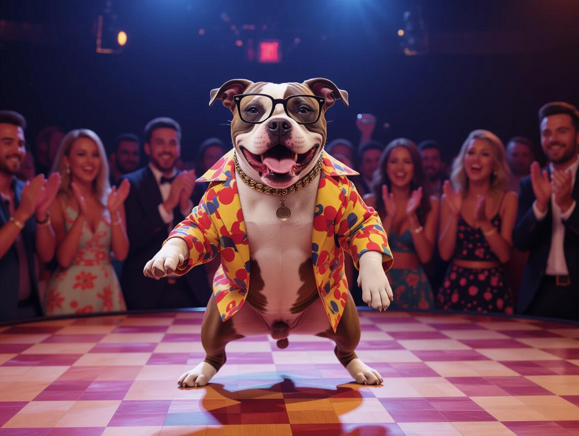 A pit bull dog on the dance floor of a nightclub. Dressed in 1970s fashion. Wearing retro glasses. Dancing to disco music. Surrounded by cheering people. Dog has a big smile. Appears slightly tipsy. Dancing like John Travolta. Realistic style.