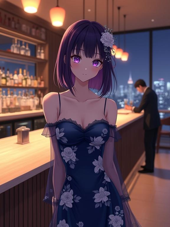 An anime woman with dark violet hair in a kanzashi stands in front of a luxury bar. She wears an elegant dark blue off-the-shoulder dress with floral patterns. The setting is modern and upscale with a nighttime city view. The atmosphere is sophisticated and inviting, captured with warm lighting and focused depth of field.