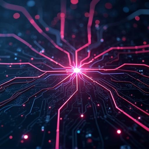 Image to represent electric current through electric circuit. Abstract visualization of circuits with glowing pathways. Focus on the central bright area with lines radiating outward.