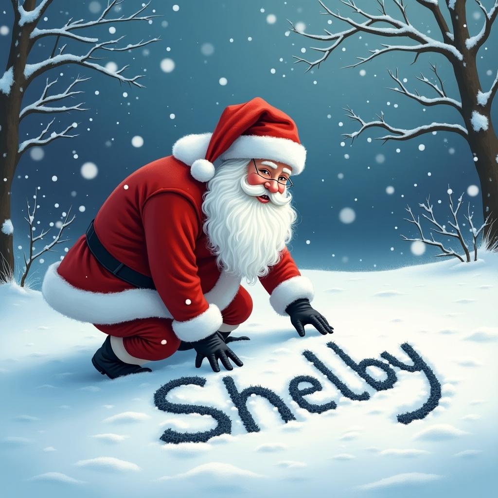 Santa Claus writes the name Shelby in the snow during a snowy winter scene