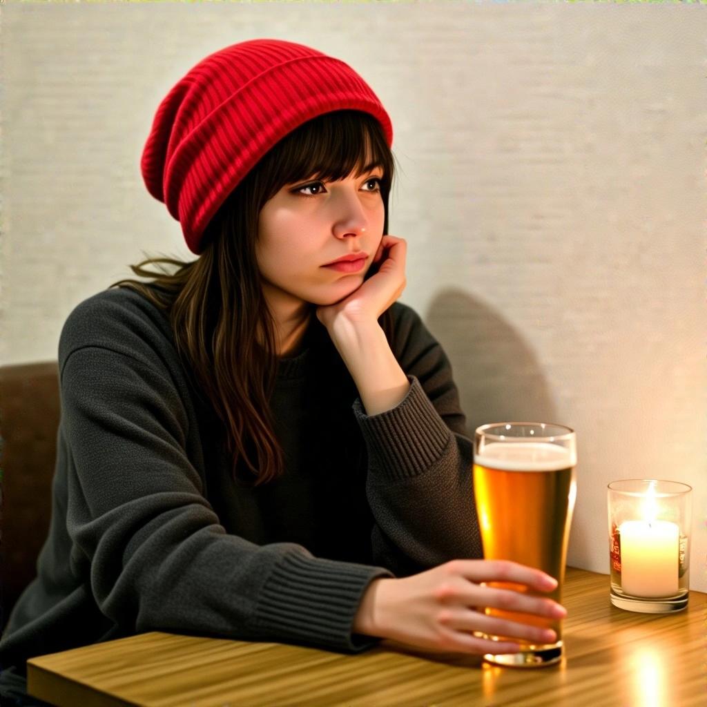 A woman is at a table with a glass of beer and a lit candle. She has a red beanie and a dark sweater. She looks contemplative and thoughtful.