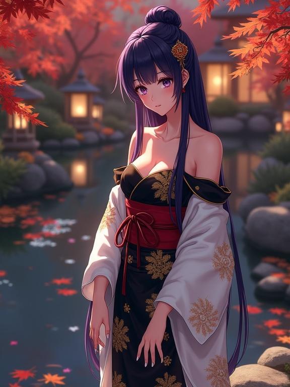 Anime style female character in a night garden. Character has long dark violet hair in an elegant updo with kanzashi. She wears an off-shoulder luxurious kimono with golden patterns and red obi. Surrounded by a koi pond and red maple leaves. Scene is peaceful and illuminated by soft lighting from lanterns.
