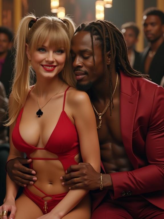 Scene in an awards show featuring a couple. Woman is wearing a red pushup bikini. She has sharp bangs and very long blonde twintails. She has big blue eyes and very high heels. The man is an older black rapper dressed in a red suit. They are sitting closely together. The woman looks at the viewer with a smile while holding a sign. The man has his arms around her. They are in a lively environment. Scene captures a full-body shot.