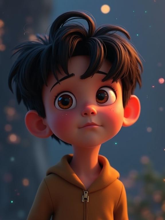 Cartoon boy with tousled hair. Head slightly tilted. Faraway look in his eyes. Emotional lighting with magical glow. Subtle sorrow. Pixar aesthetic.