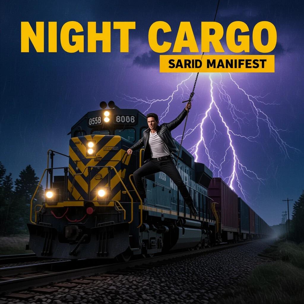 Night cargo theme featuring cargo manifest label. Pedro Pascal suspended from a speeding freight train. Rainy setting with purple lightning. Emphasis on dramatic lighting from the train's headlights.