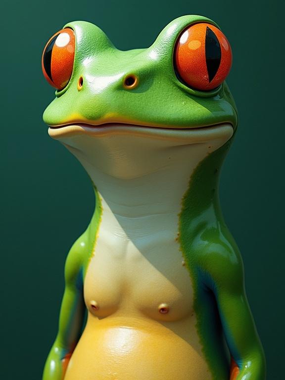Minimalist style digital painting of a frog-woman in close-up. Features turquoise eyes, textured skin, warm golden lighting. Inspired by Catrin Welz Stein.
