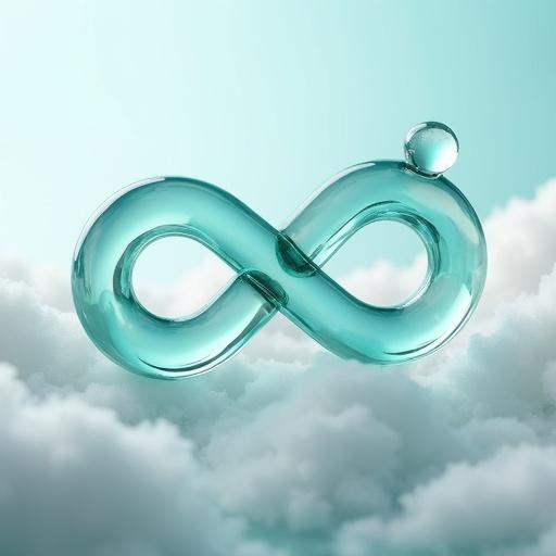 A 3D glass infinity symbol is in the center of a soft, cloudy background. The glass has a teal-blue tint and reflective highlights. A small droplet is on one end of the symbol. The lighting is soft and ambient with subtle shadows. The overall aesthetic is modern and futuristic.