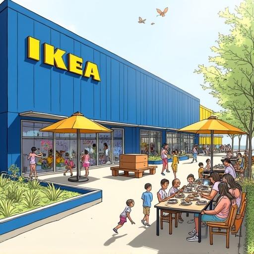 Hand-drawn design sketch of immersive children’s play installations outside an IKEA blue store. Creative play zones feature painting walls and water toys. Spaces combine play, dining, and relaxation. Outdoor dining area serves burgers and BBQ. Scene depicts children playing and jumping. Parents sit under shaded area. Summer atmosphere. Lively and family-friendly.