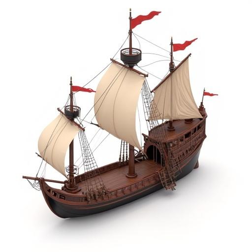 2D illustration of a medieval galleon. Ship has brown body with red flags. The sails are beige. Design features clean lines and a matte finish. No shadows or scenery present.