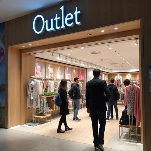 A vibrant outlet store specializing in men's footwear and bags. The store has a welcoming entrance with a modern design. Various clothing items are displayed inside, creating an engaging retail environment.