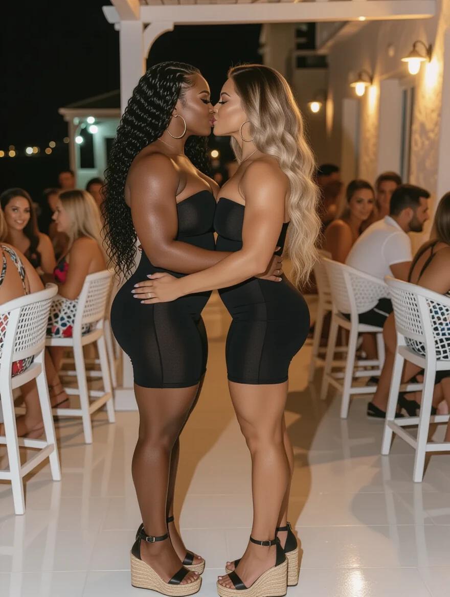 Two tall bodybuilder women stand closely together. One woman has long curly black hair and very black skin. The other woman has long wavy blonde hair and very white skin. Both wear tight strapless black dresses that are above the knee. They wear espadrille platform heels. The setting is a cocktail bar in Mykonos at night. The background shows many people looking at them. Their bodies are intertwined and they kiss.