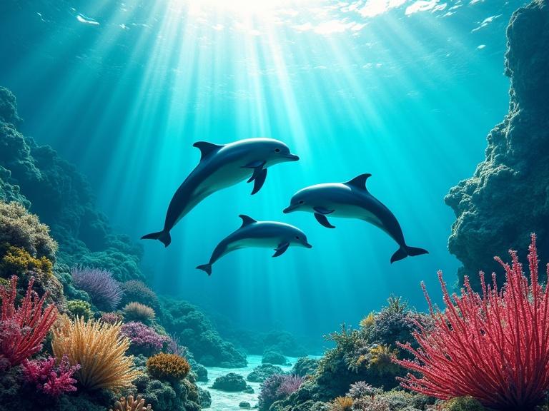 Underwater scene features dolphins swimming amidst colorful corals and lush sea plants. Sunlight filters through water creating light patterns. Dolphins move gracefully through a vibrant ecosystem. Scene evokes joy and tranquility in marine harmony.
