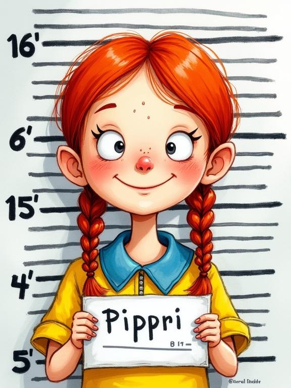 Illustration of a character inspired by Pippi Longstocking in a mugshot style. She has red plaits, freckles, and a big grin. Wearing a yellow and blue dress. Holding a paper with her name. The style is whimsical and detailed like a storybook. Background mimics a classic mugshot setting.