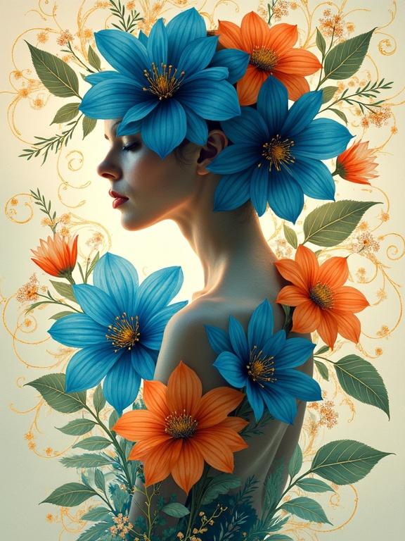 Intricate double exposure featuring a woman's body blended with a bouquet of blue and coral flowers. Art nouveau style capturing vibrant colors. Glassy background with contrasting patterns. High detail with sharp and soft focus effects.